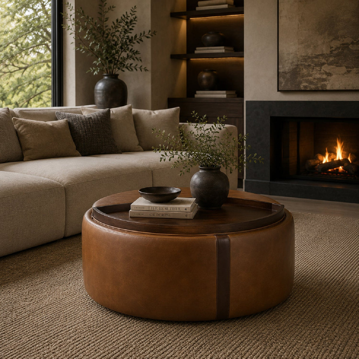 Round Leather Wheeled Storage Ottoman by Splendido Borelli, alternate view 10