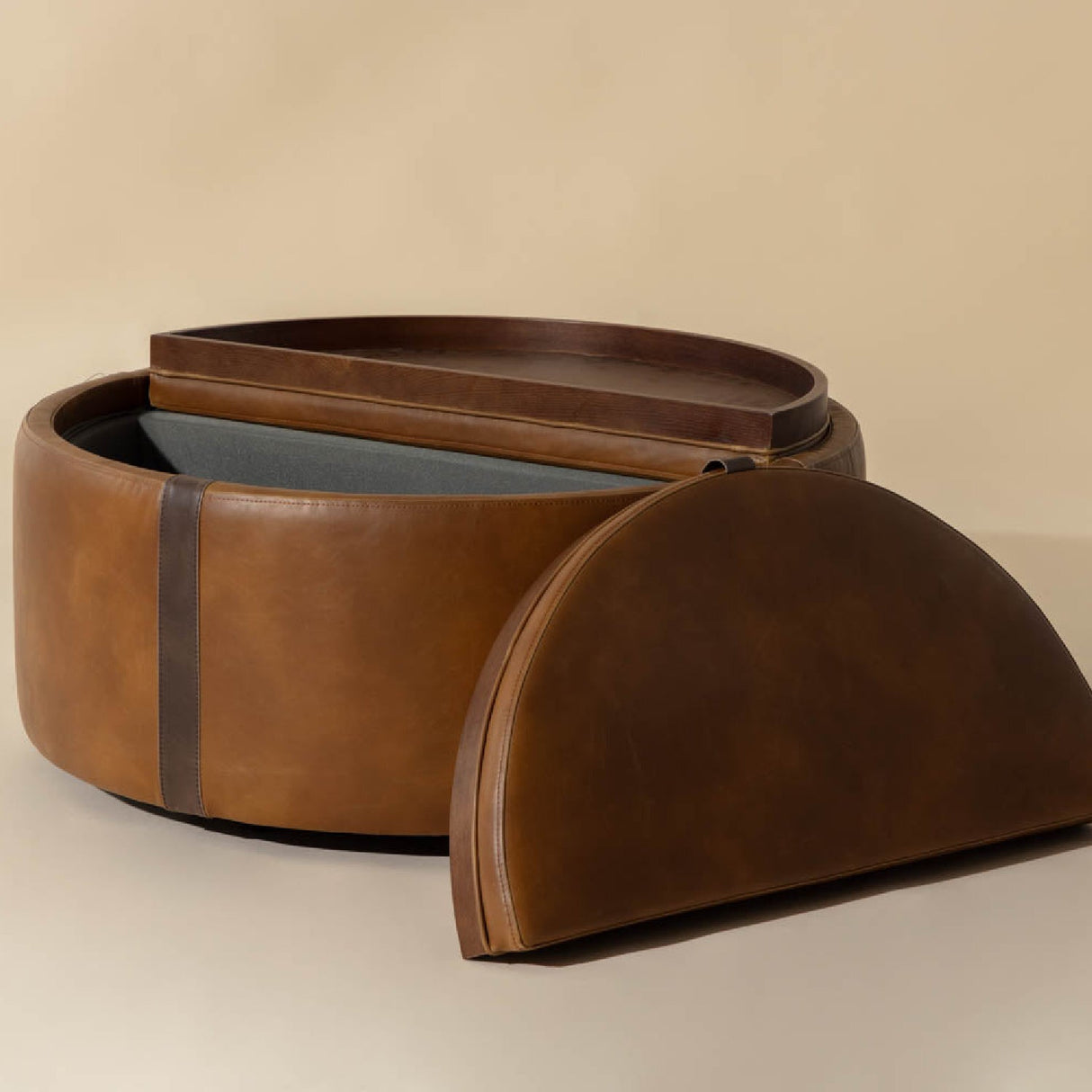 Round Leather Wheeled Storage Ottoman by Splendido Borelli, alternate view 19