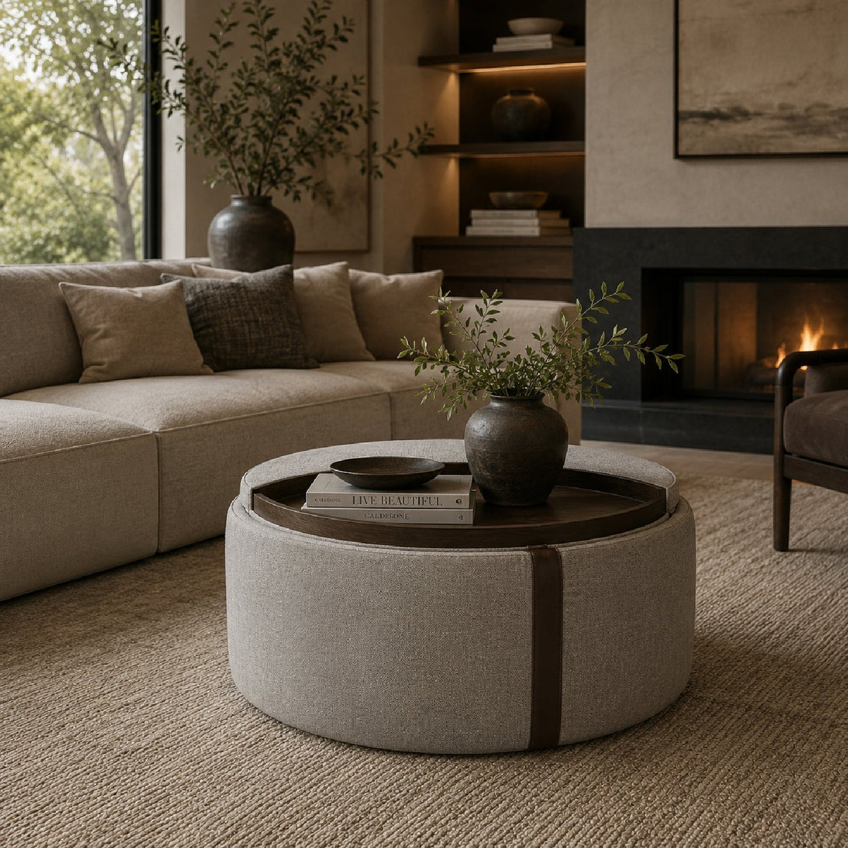 Round Leather Wheeled Storage Ottoman by Splendido Borelli, alternate view 2