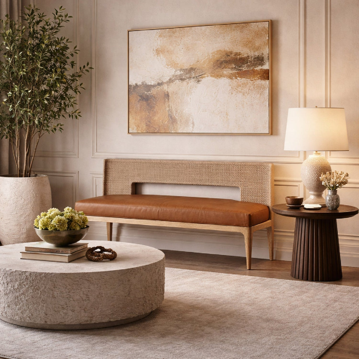Brown Leather Seat Banquette by Splendido Brocco Bench, alternate view 2