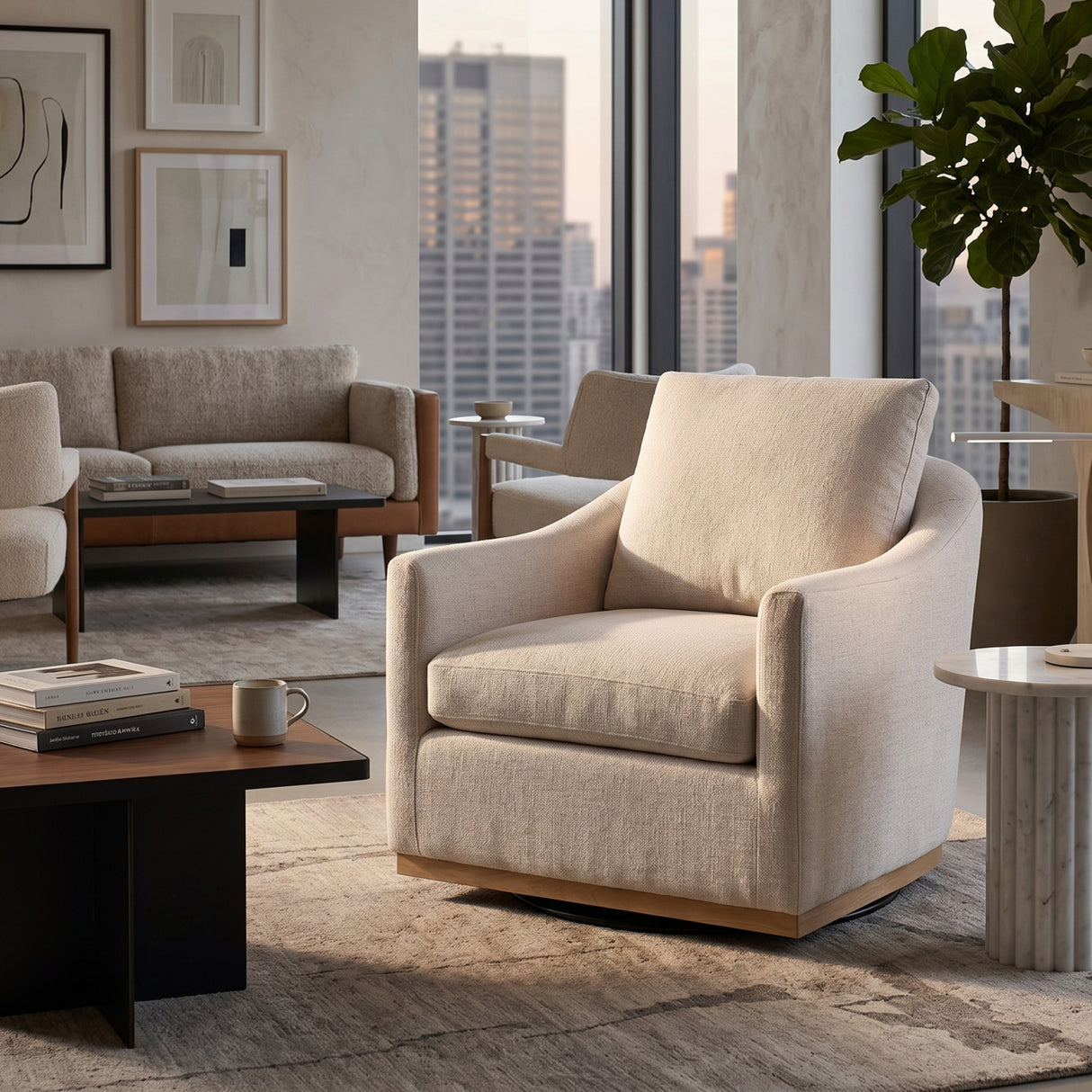 White Linen Swivel Lounge Chair by Splendido Corbin Accent Chair, alternate view 2