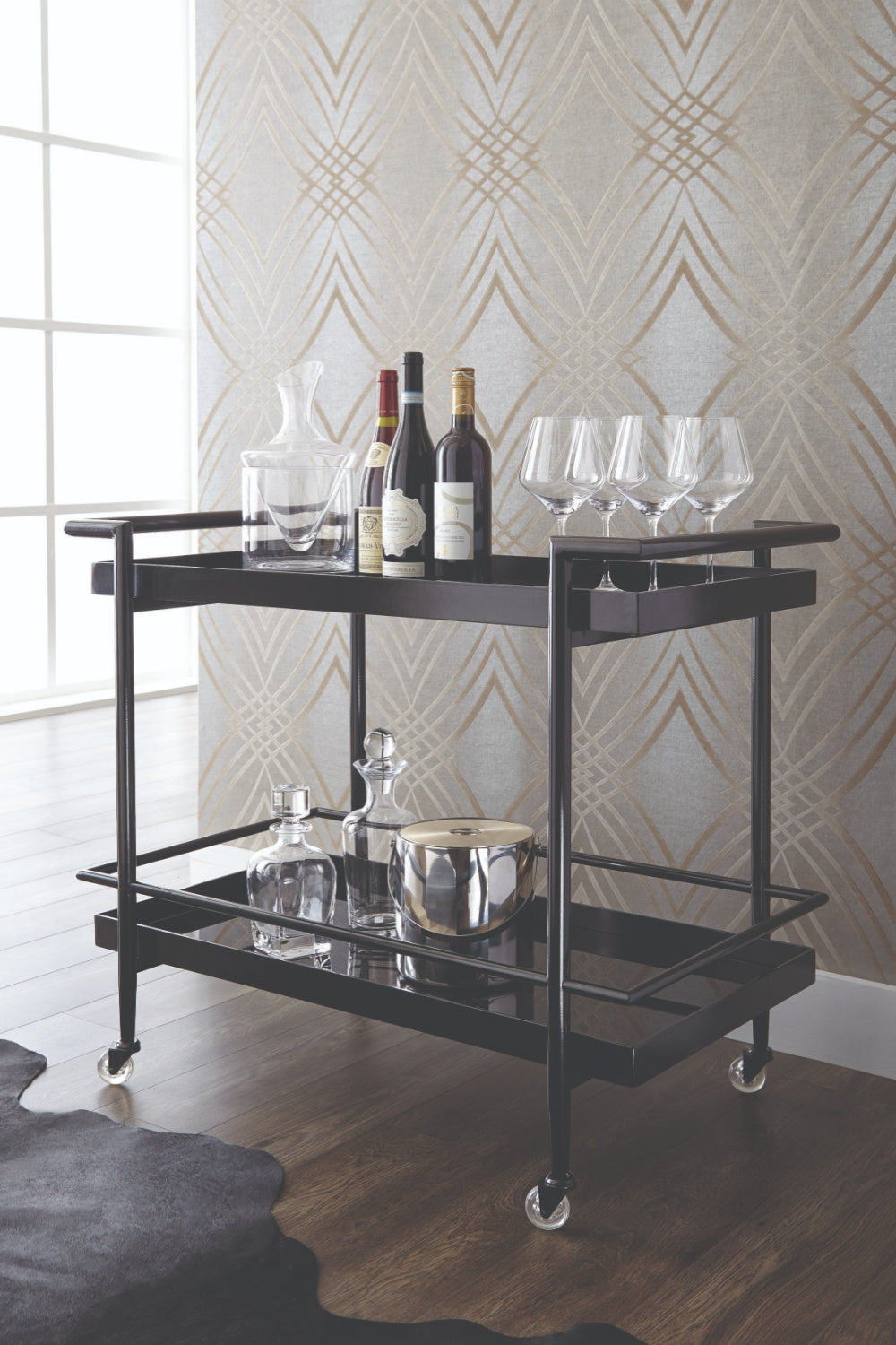 Black Glass Shelves Bar Cart by Splendido Livingston Trolley, alternate view 11