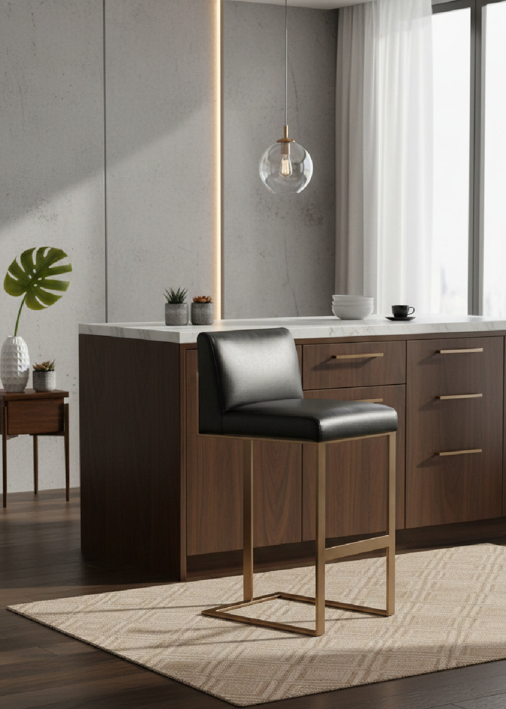 Modern European furniture - Black Leather Cantilevered Bar Stool - www.oroa.com