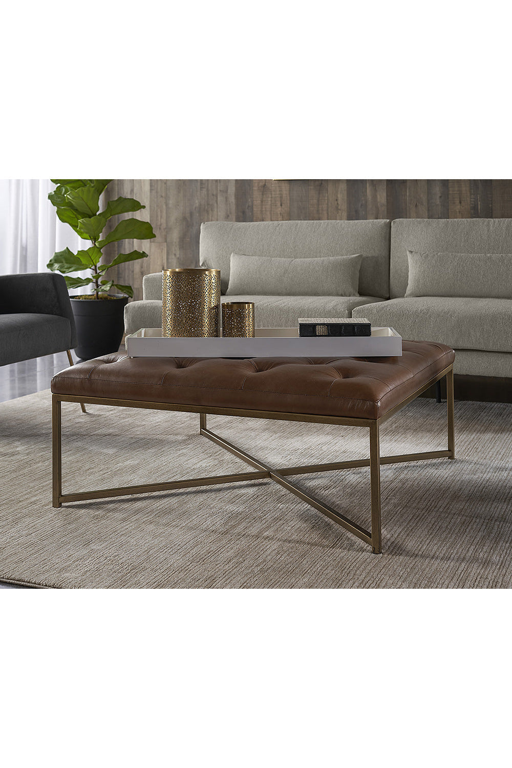 Brown Leather Button-Tufted Ottoman by Splendido Endall, alternate view 4