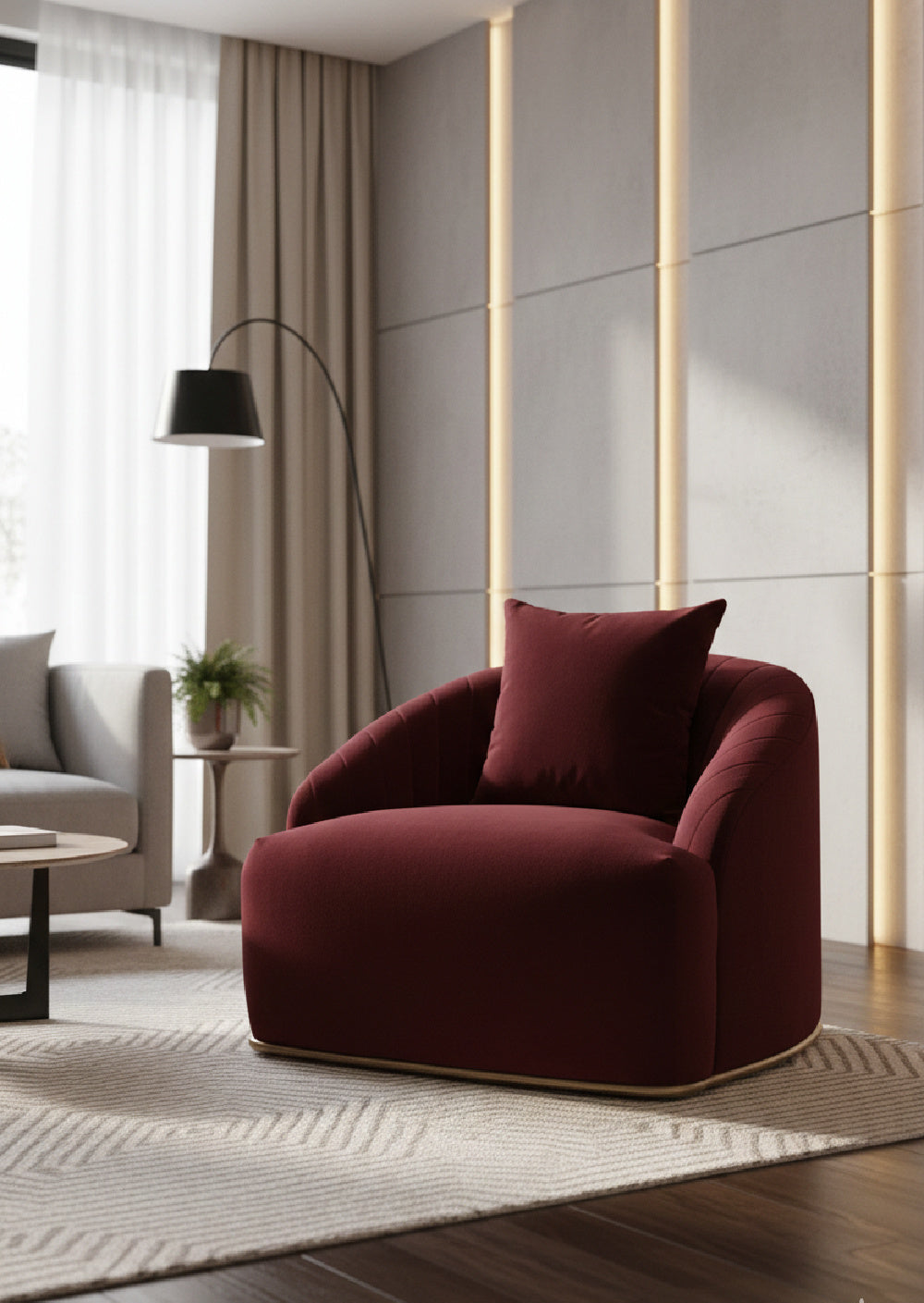 Merlot Velvet Channel-Tufted Lounge Chair - Brass Base by Splendido Accent Chair, alternate view 2
