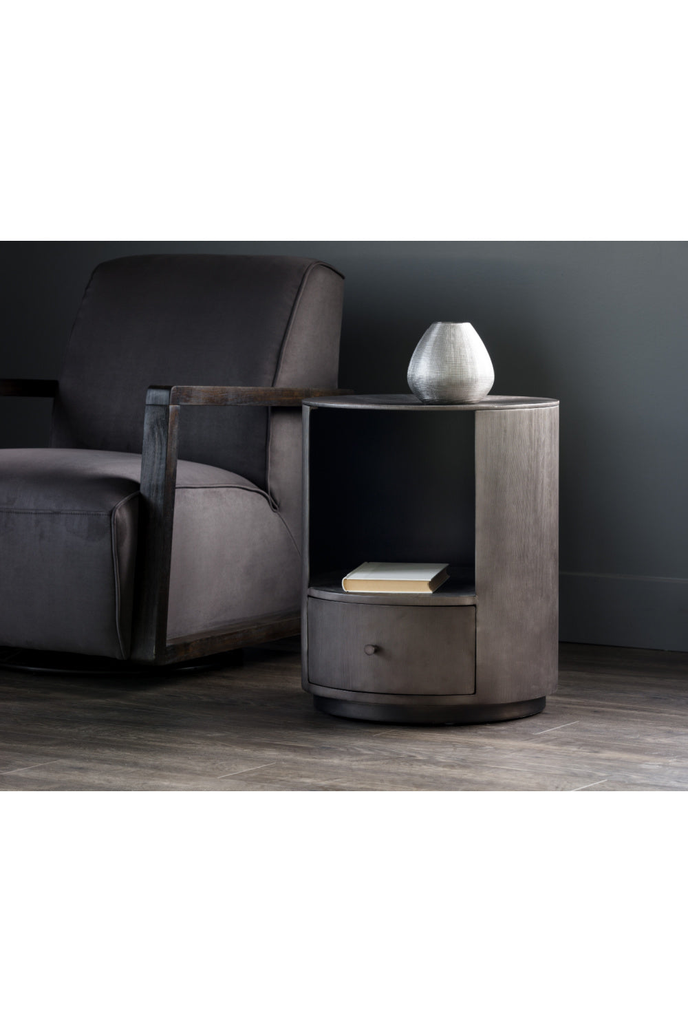 Round Gunmetal 1-Drawer Nightstand by Splendido Siena, alternate view 7