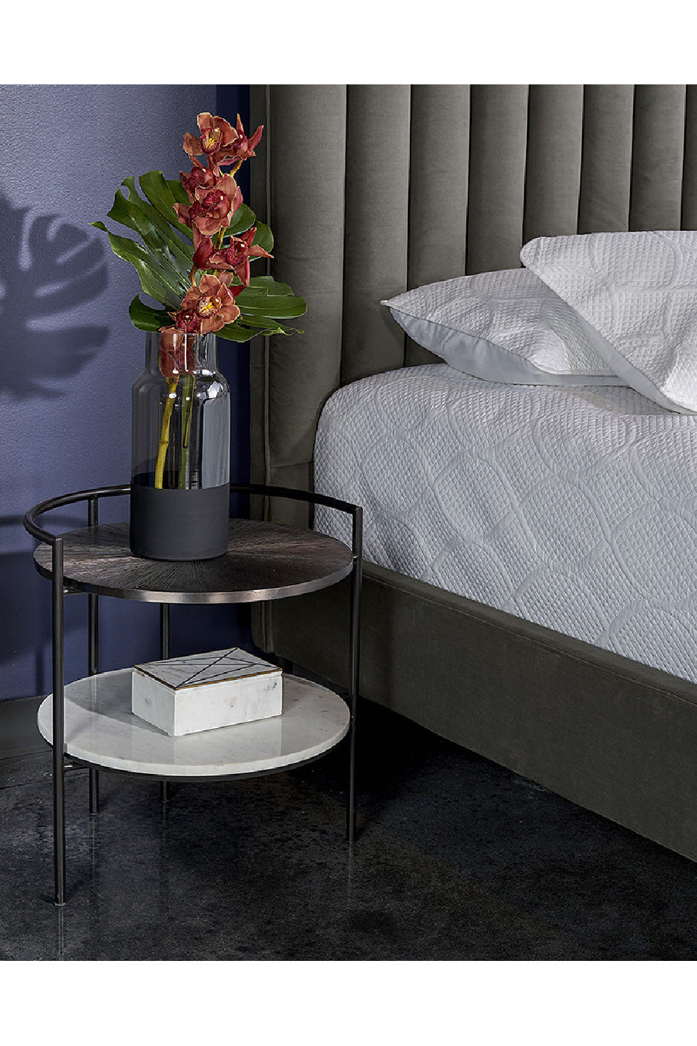 Modern European furniture - Round Gunmetal & Marble Nightstand - www.oroa.com