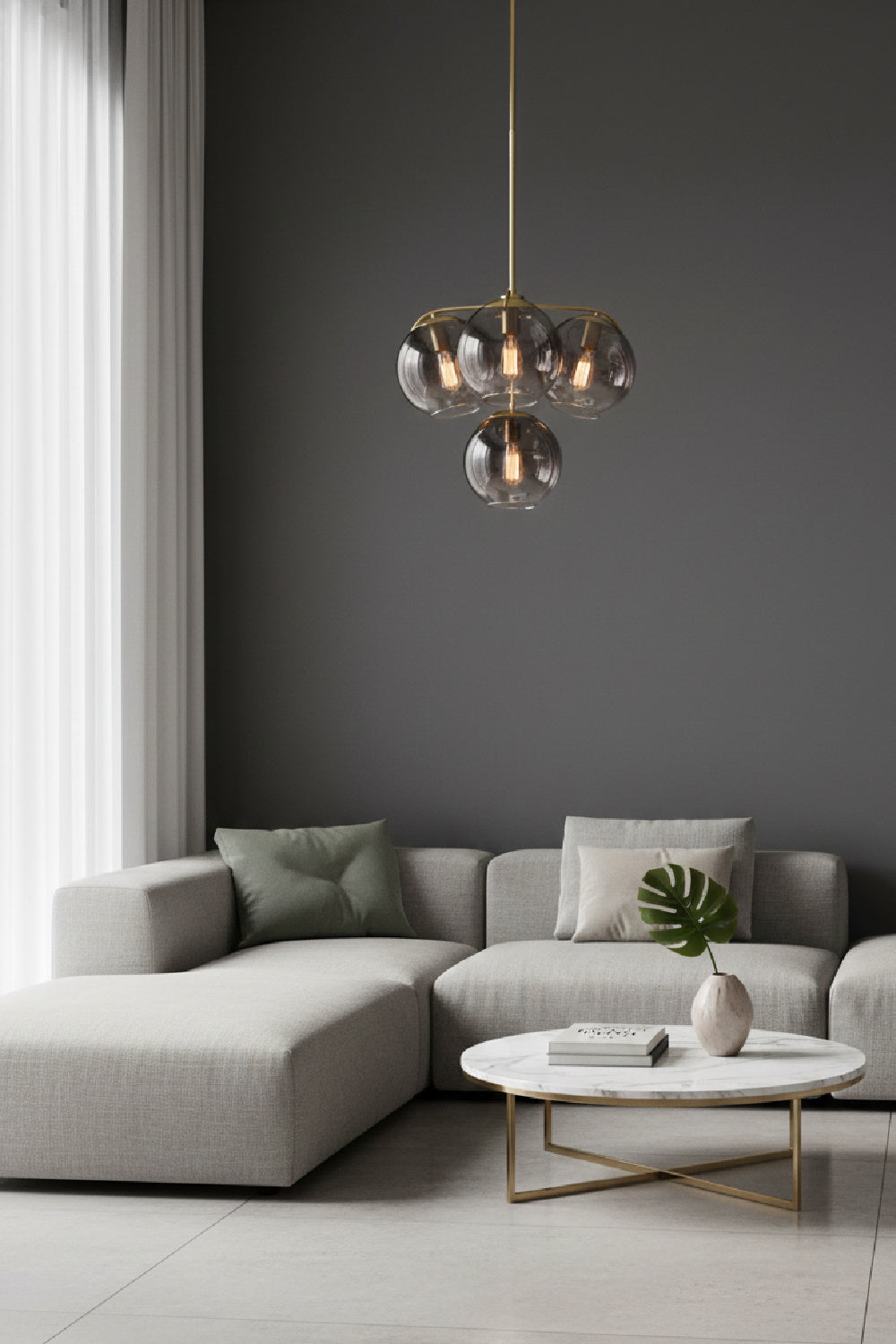 4 Gray Glass Shades Chandelier by Splendido Kamara, alternate view 2