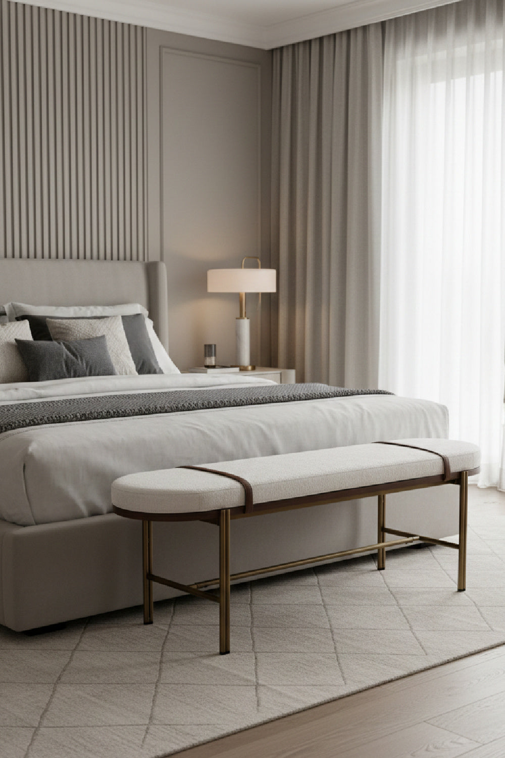 Oval White Fabric Bench by Splendido Elaine, alternate view 2