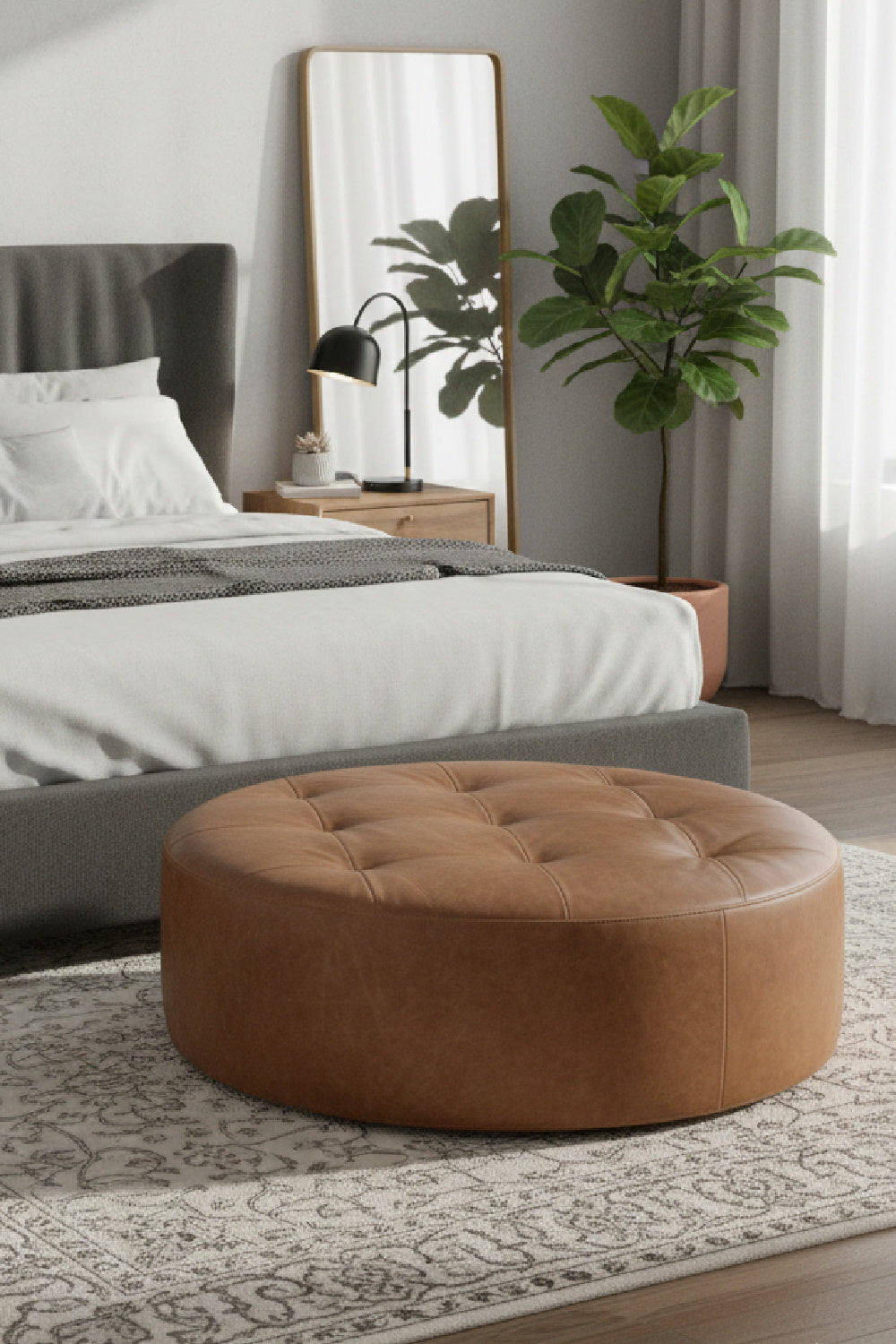 Brown Leather Round Ottoman by Splendido Nilda, alternate view 2
