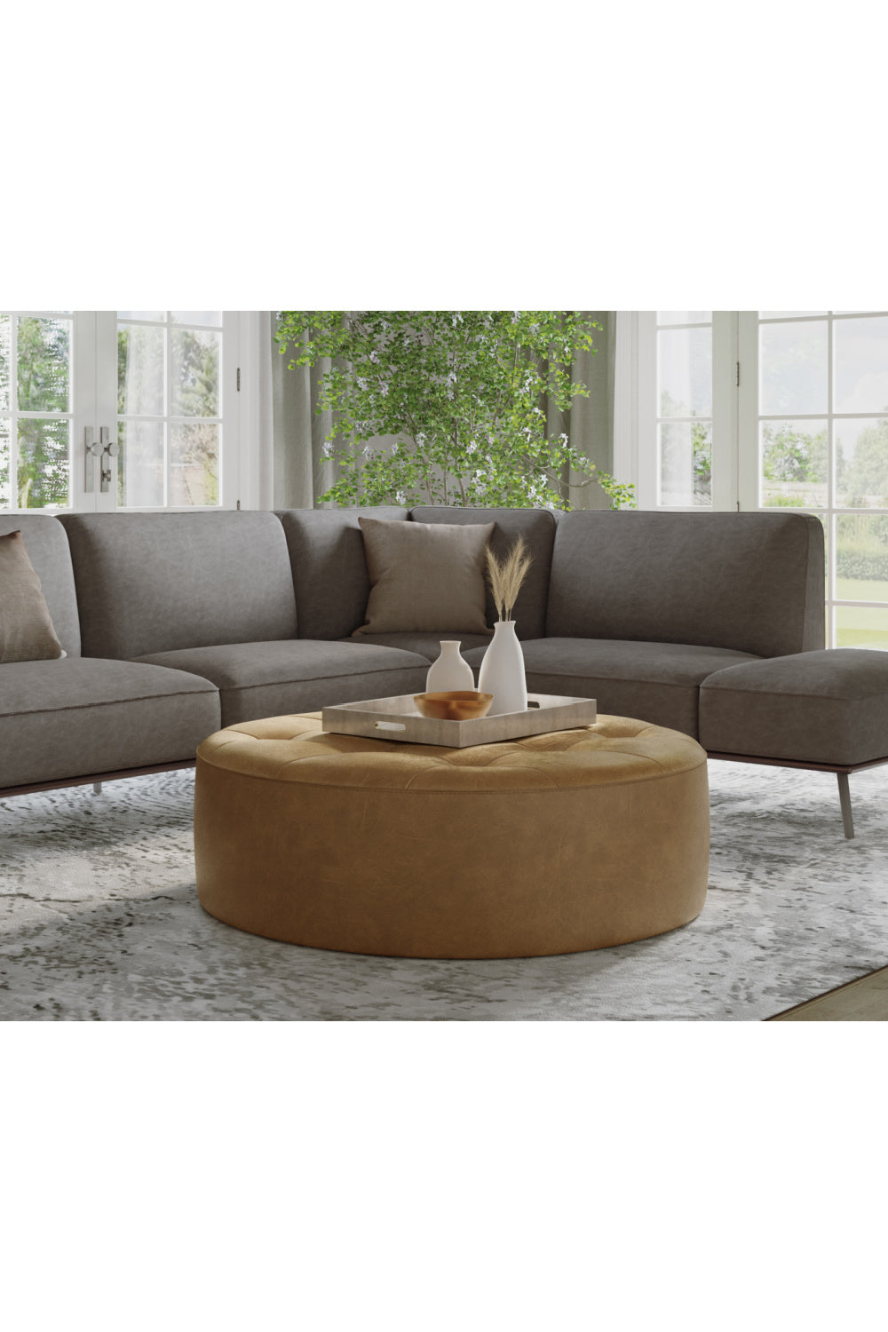 Brown Leather Round Ottoman by Splendido Nilda, alternate view 7