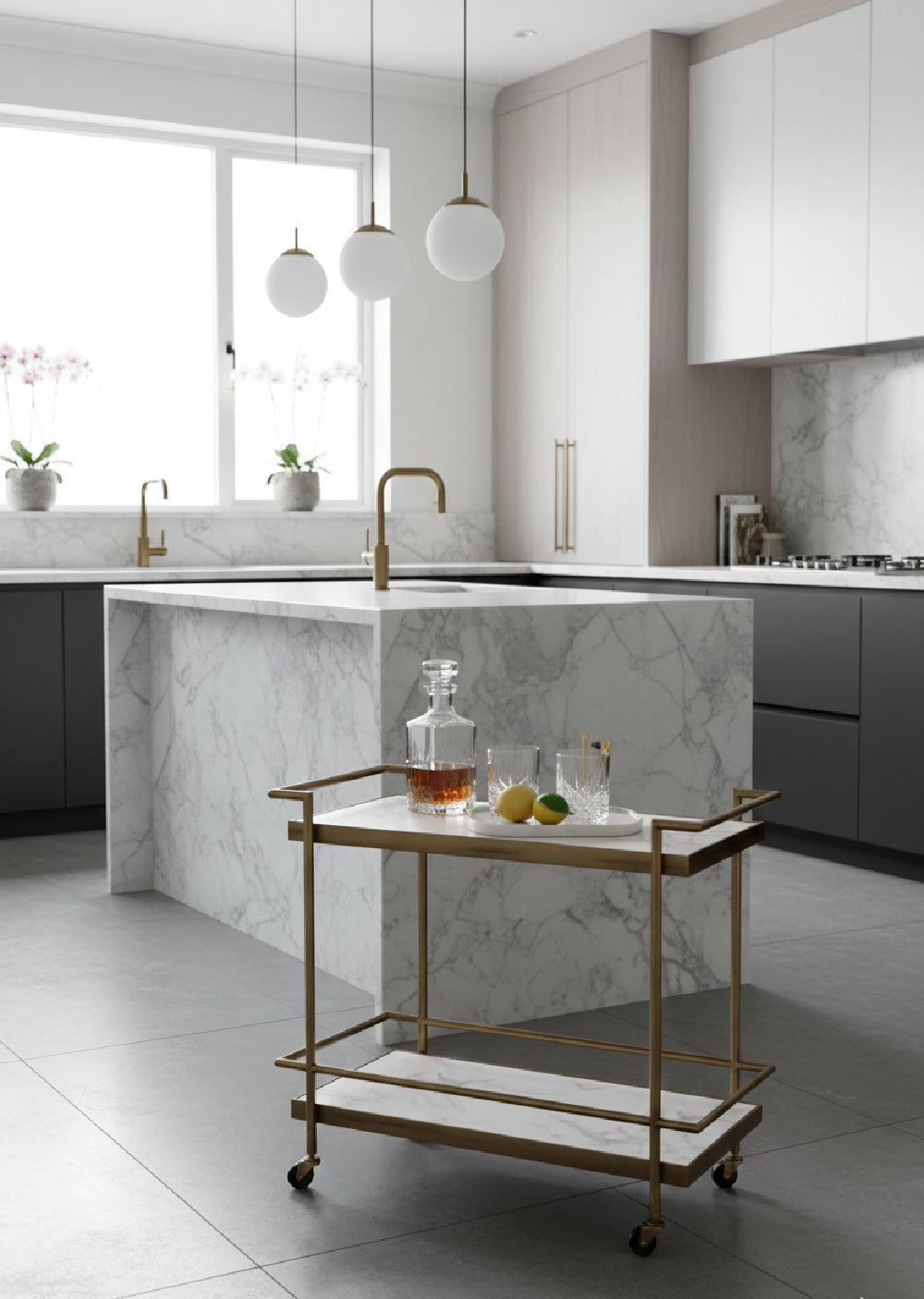 White Marble Look Bar Cart by Splendido Contardi Trolley, alternate view 2