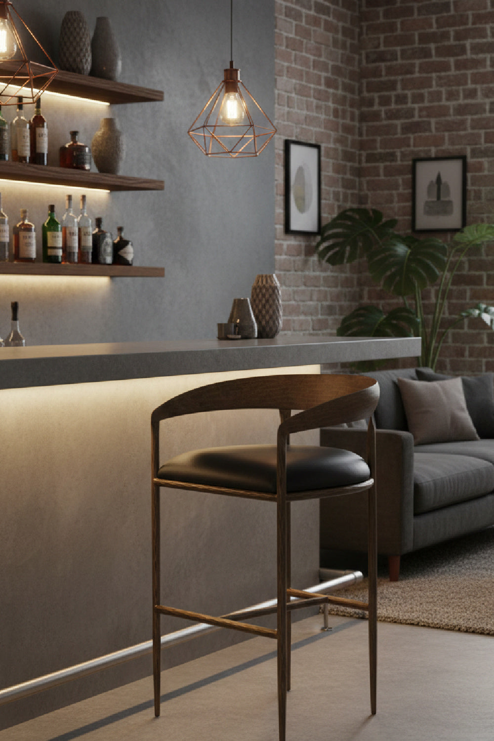 Hammered Metal Leather Bar Stool by Splendido Zanatta Barstool, alternate view 2