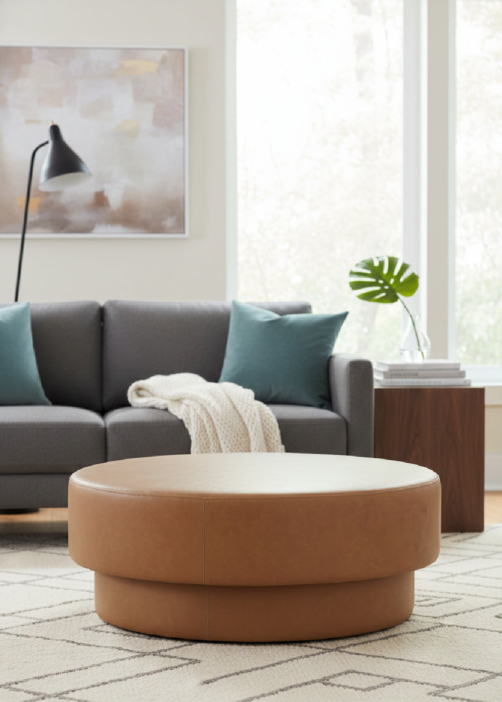 Round Leather Inspired Ottoman by Splendido Arlo Pouf, alternate view 2