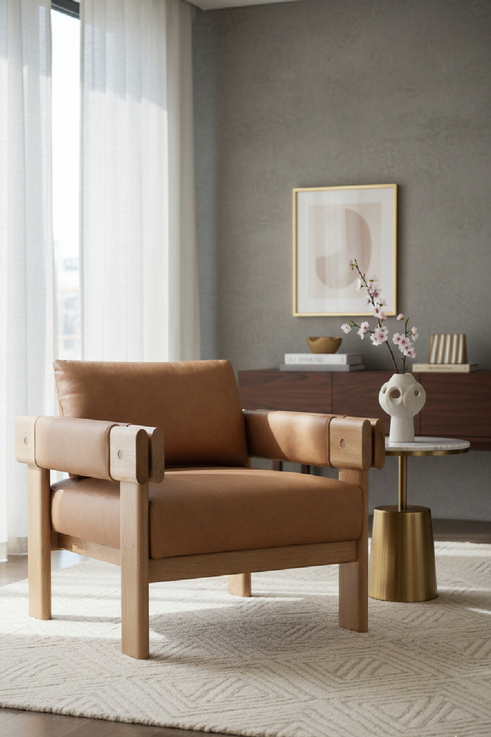 Oak Framed Leather Lounge Chair by Splendido Carmichael Accent Chair, alternate view 2