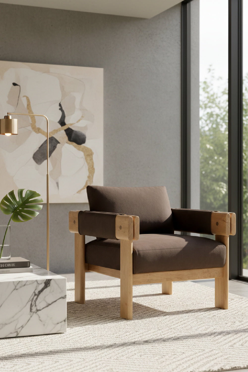 Oak Framed Leather Lounge Chair by Splendido Carmichael Accent Chair, alternate view 18