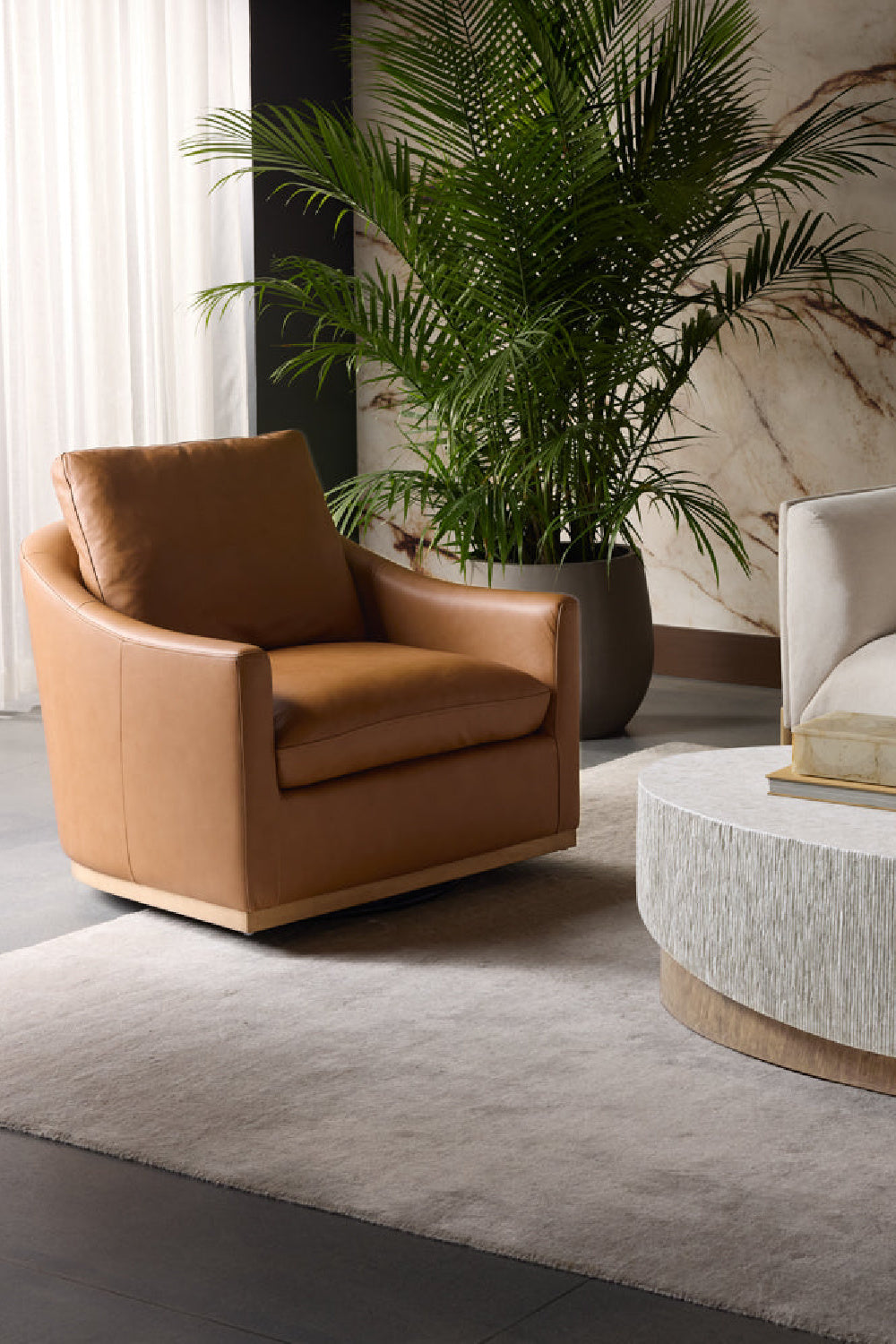 Brown Leather Swivel Lounge Chair - Ash Wood Base by Splendido Corbin Accent Chair, alternate view 2