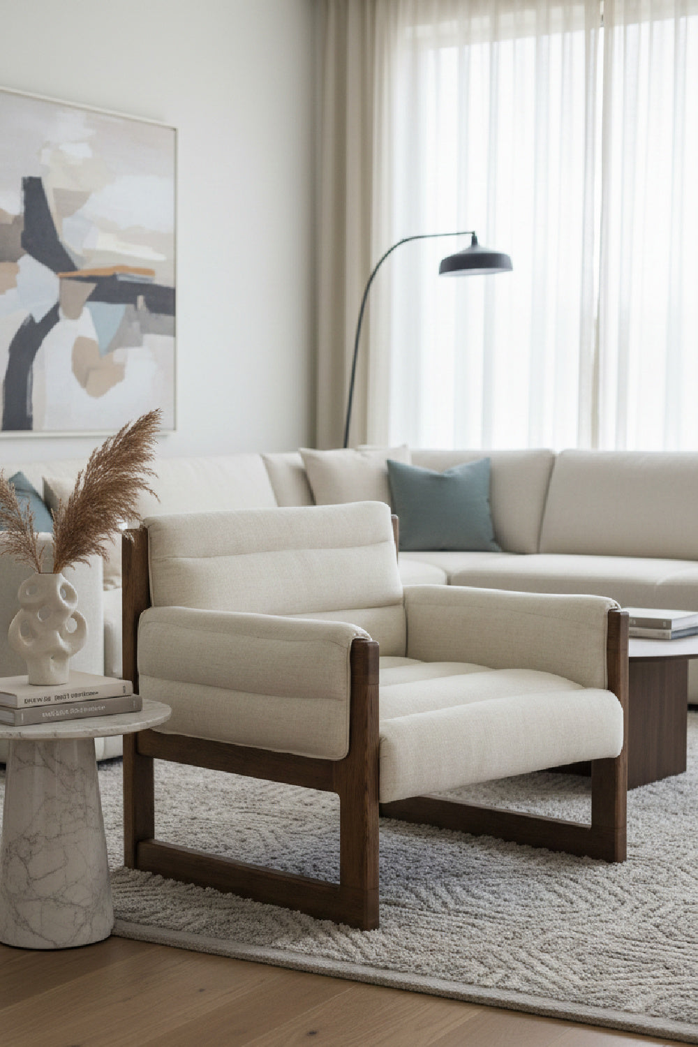 Tufted White Linen Lounge Chair by Splendido Ferguson Accent Chair, alternate view 2