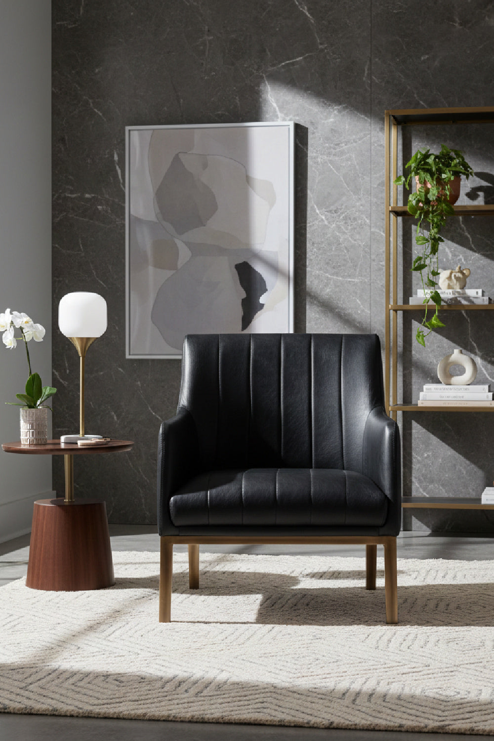 Black Leather Channeled Lounge Chair by Splendido Wolfe Accent Chair, alternate view 2