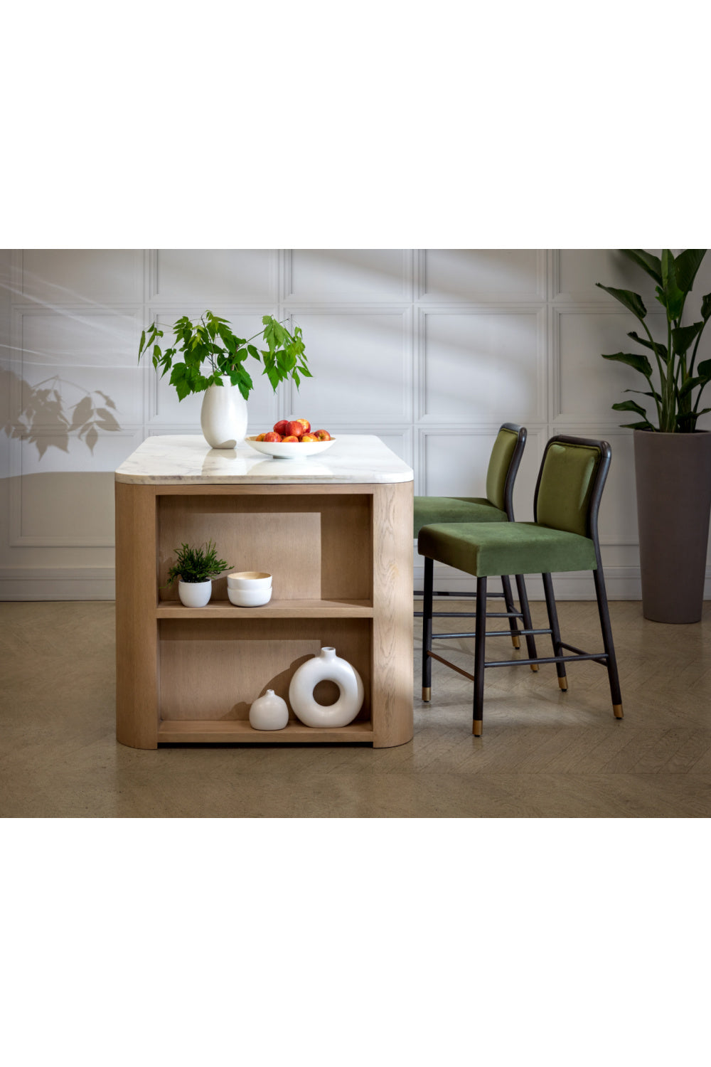 Contemporary Marble Kitchen Island w/ Open Shelving by Splendido Romilly Dining Table, alternate view 11