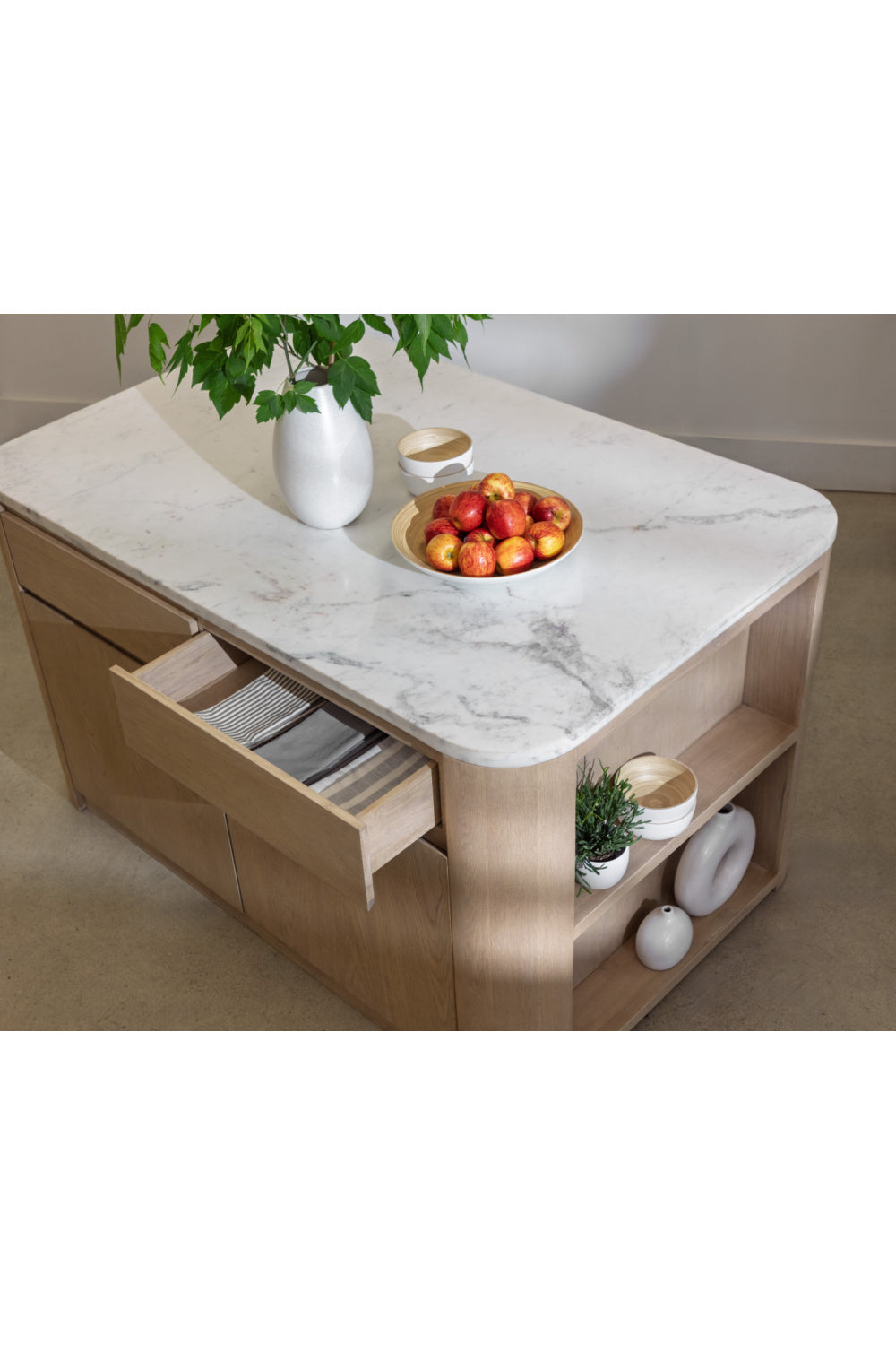 Contemporary Marble Kitchen Island w/ Open Shelving by Splendido Romilly Dining Table, alternate view 9