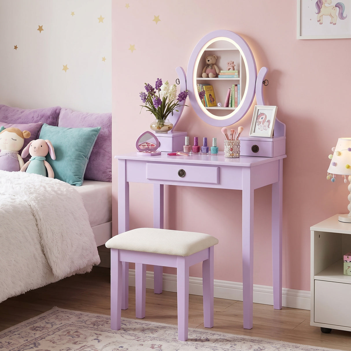 Moniya Purple Makeup Vanity Table and Stool Set | OROA Kids