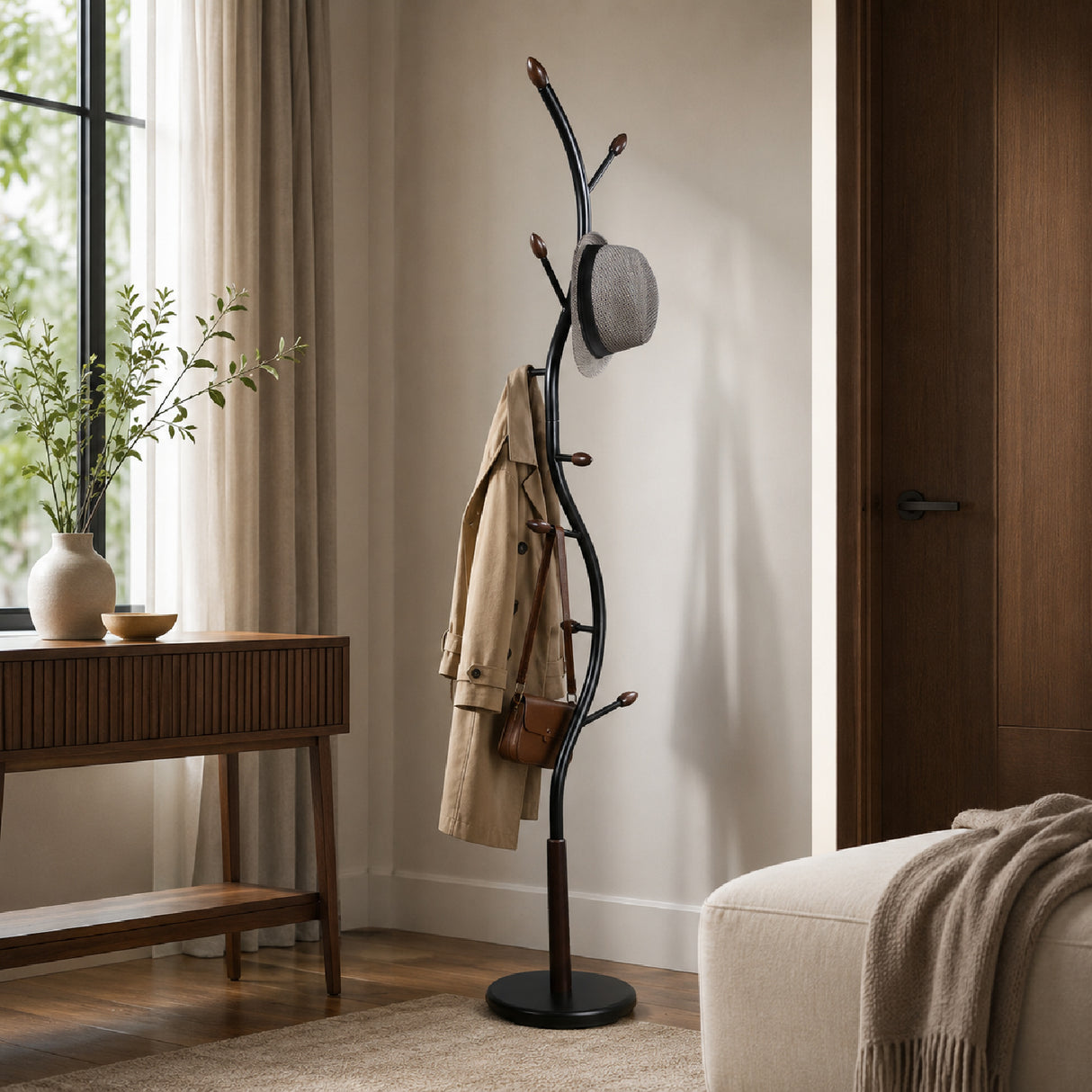 Black & Walnut Standing Coat Rack | OROA