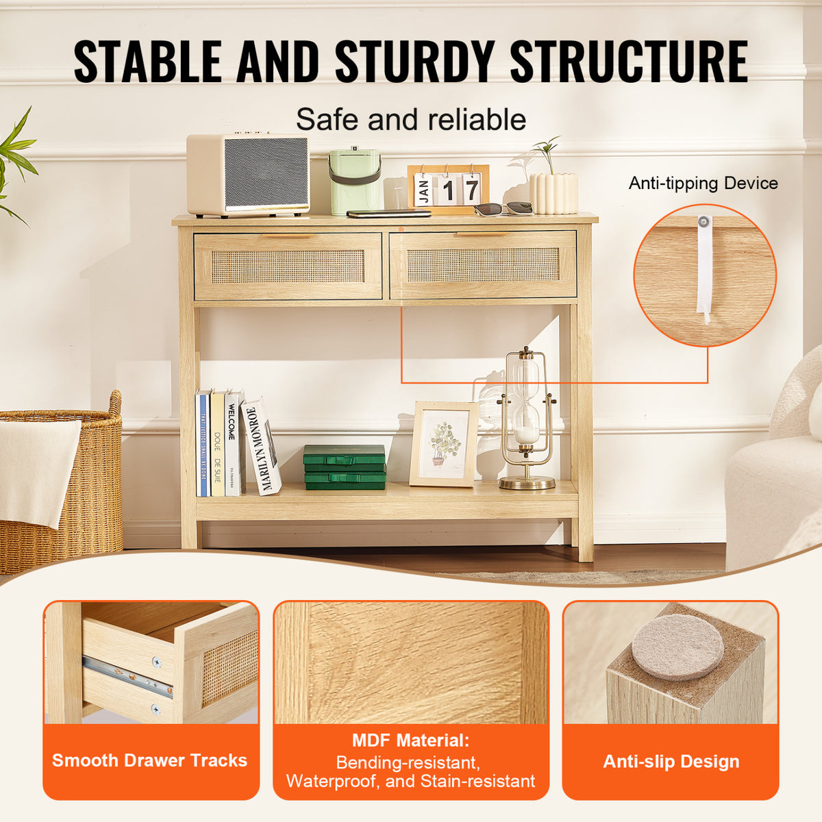 Rattan Console Table with 2 Storage Drawers | OROA