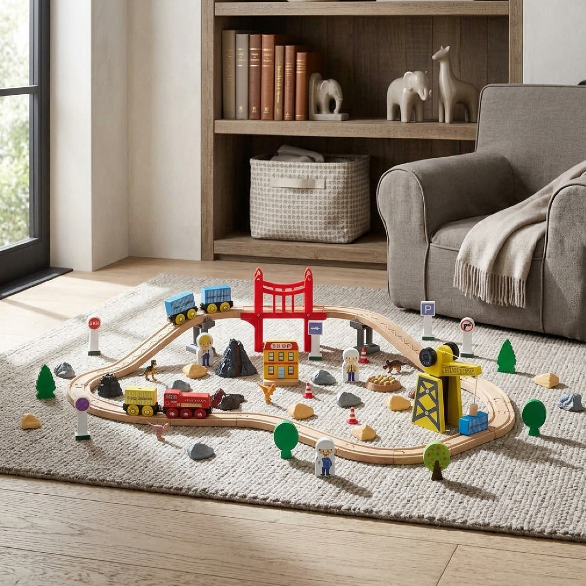Modern European furniture - Wooden Train Set with Magnetic Crane Set (70) - www.oroa.com