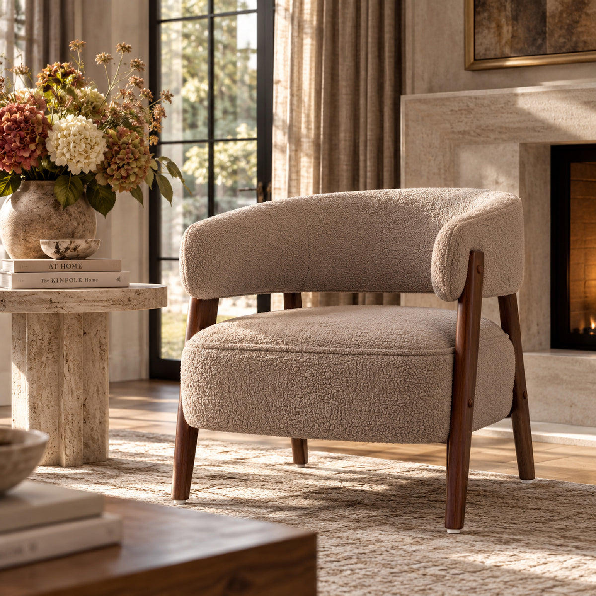 Light Brown Boucle Curved Accent Chair | OROA