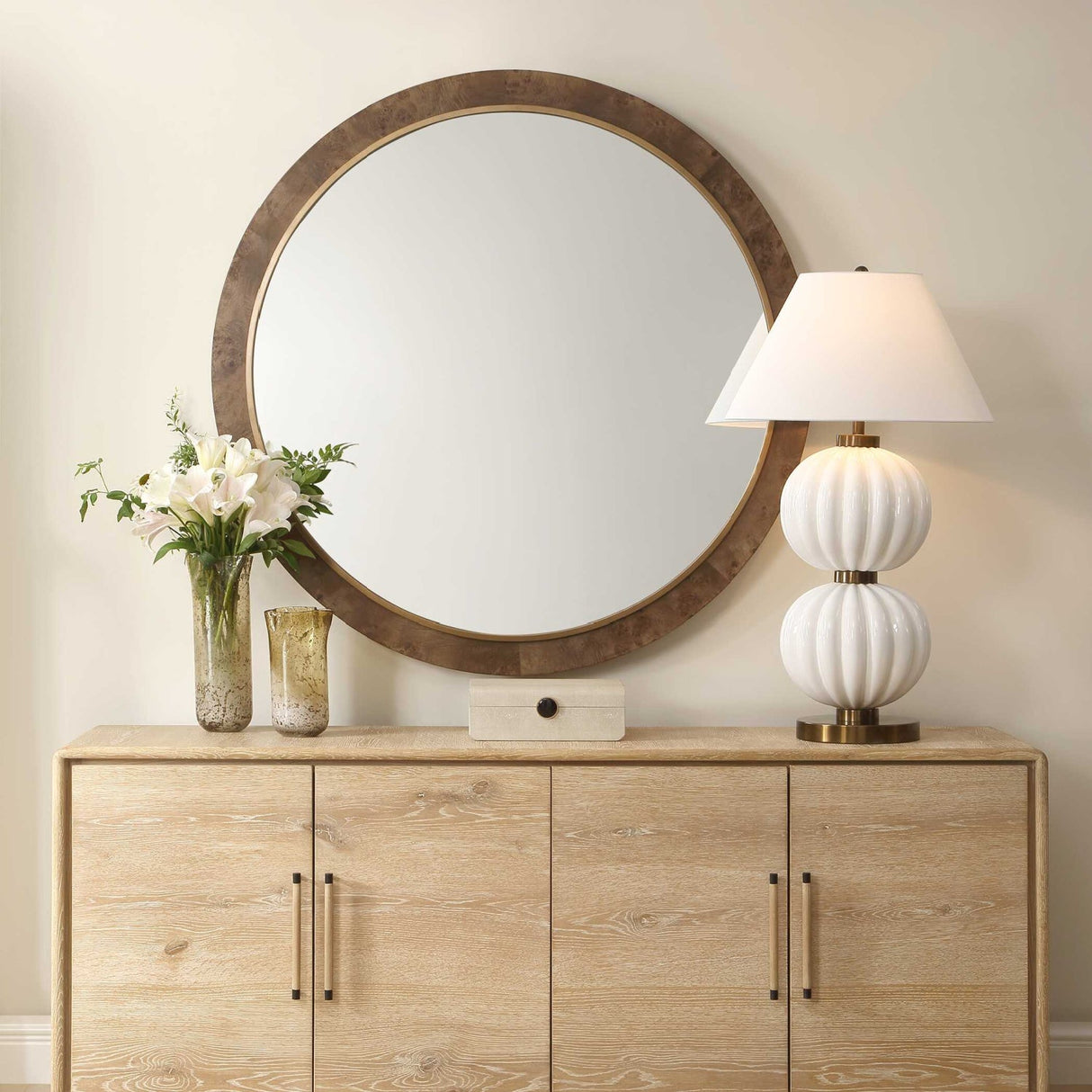 Modern European furniture - Burl Veneer Round Mirror - www.oroa.com