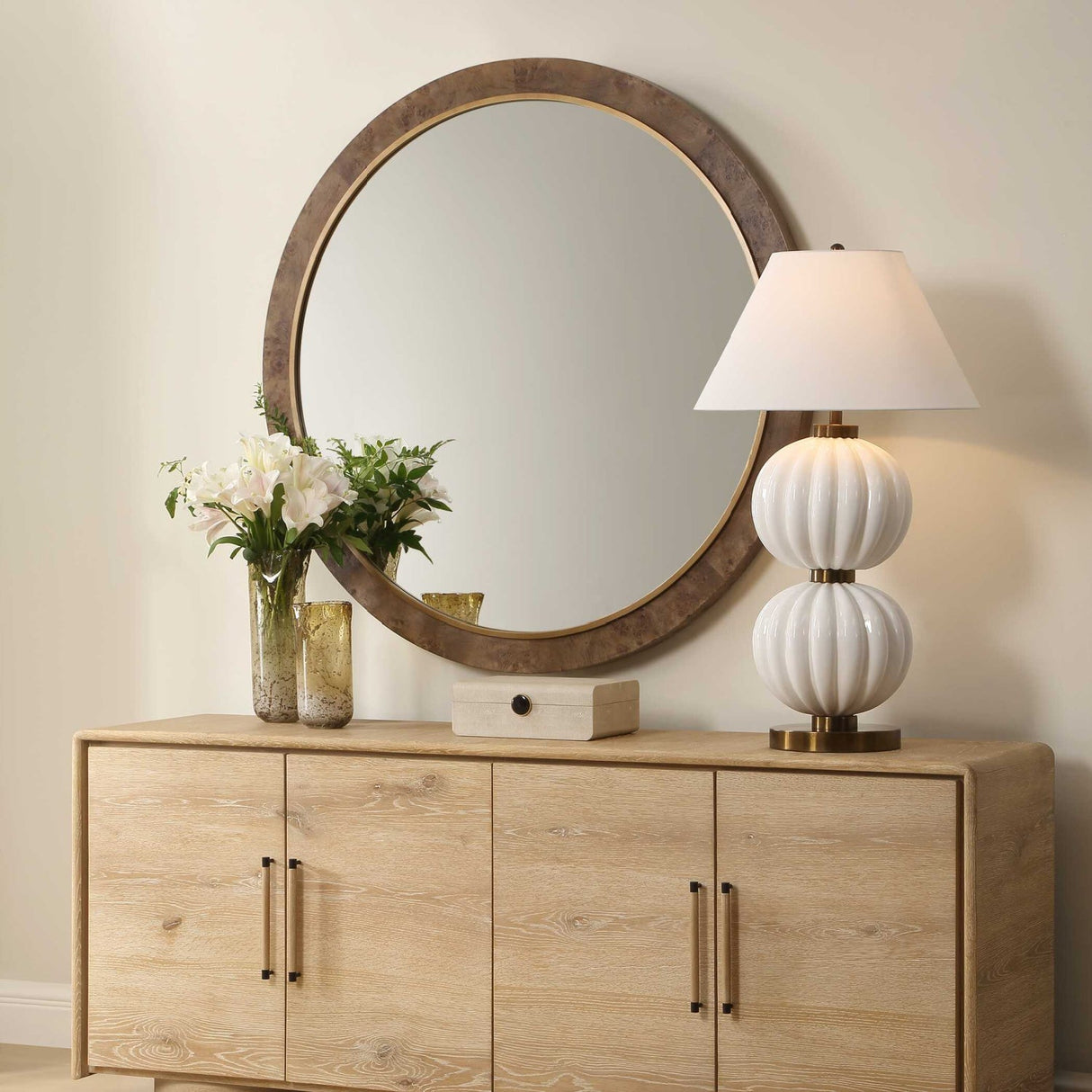 Modern European furniture - Burl Veneer Round Mirror - www.oroa.com