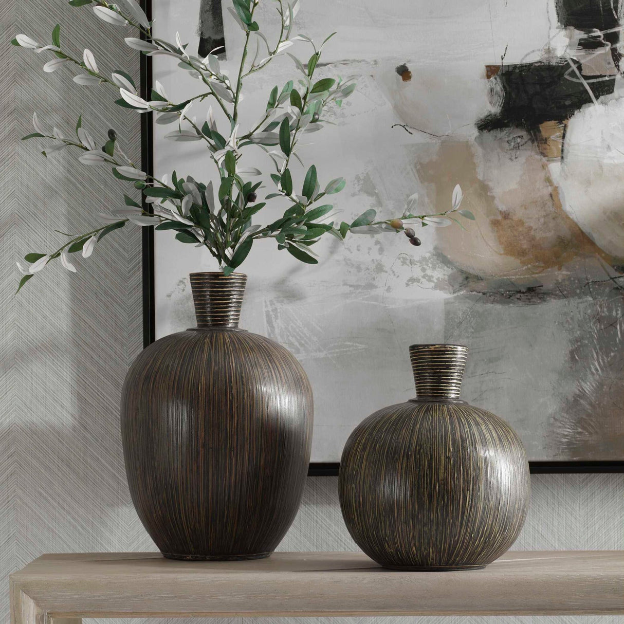 Modern European furniture - Terracotta Striped Vases (2) - www.oroa.com