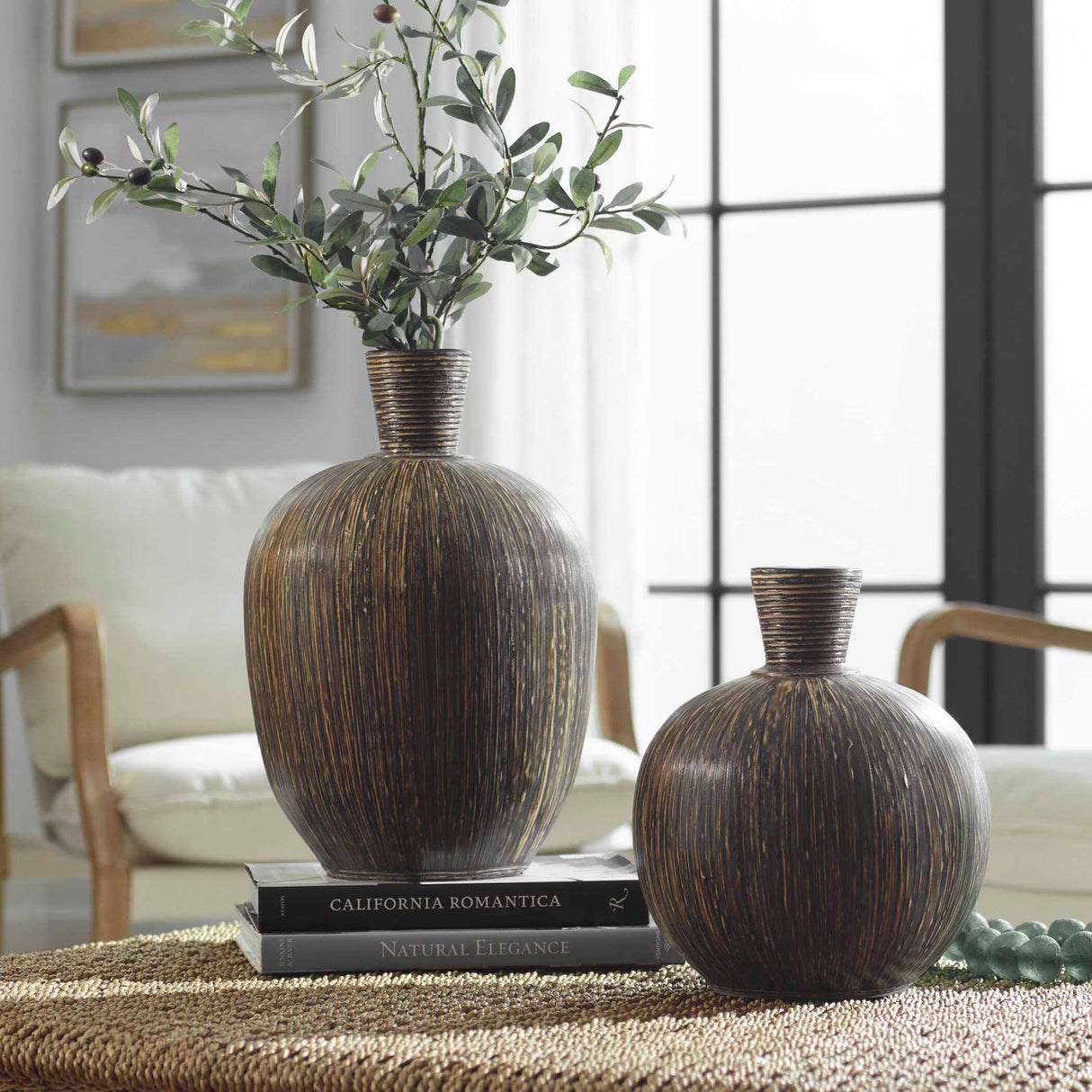 Modern European furniture - Terracotta Striped Vases (2) - www.oroa.com