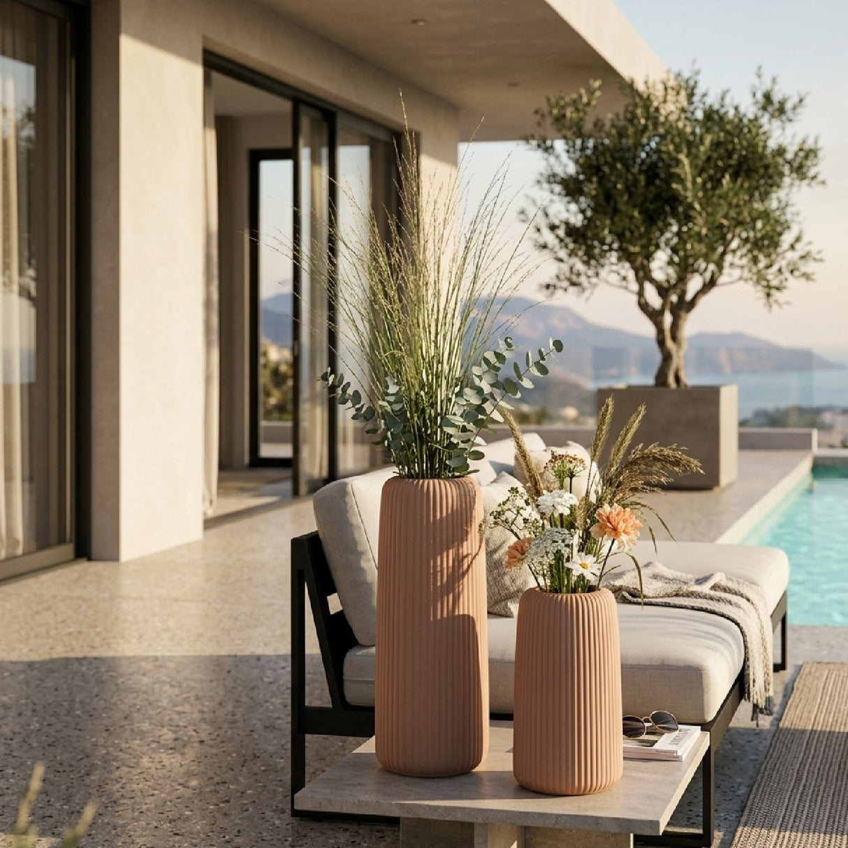 Modern European furniture - Brown Ribbed Indoor/Outdoor Vases (2) - www.oroa.com