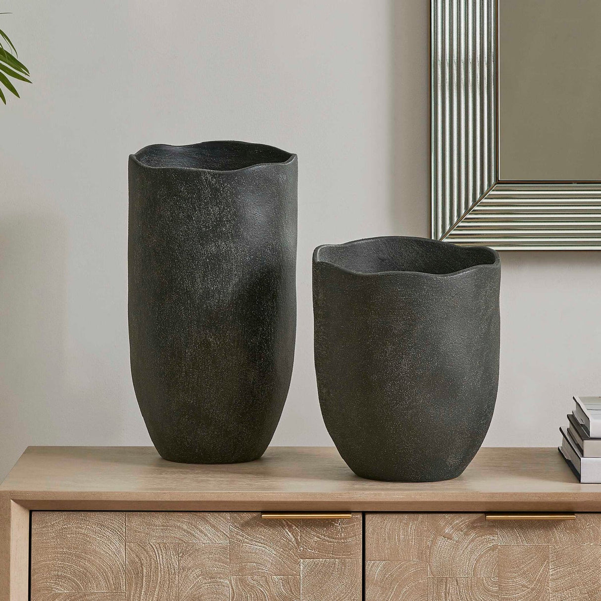 Modern European furniture - Black Earthenware Indoor/Outdoor Vases (2) - www.oroa.com