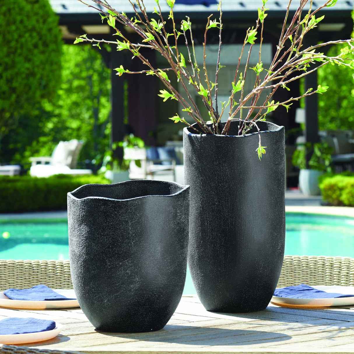 Modern European furniture - Black Earthenware Indoor/Outdoor Vases (2) - www.oroa.com