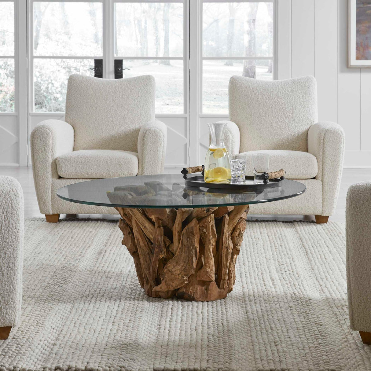 Teak Base Glass Coffee Table by Uttermost Driftwood, alternate view 2
