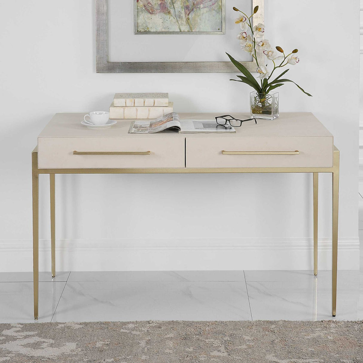 White Shagreen 2-Drawer Desk by Uttermost Jewel, alternate view 2