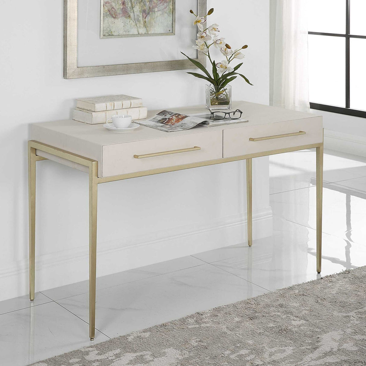 White Shagreen 2-Drawer Desk by Uttermost Jewel, alternate view 9