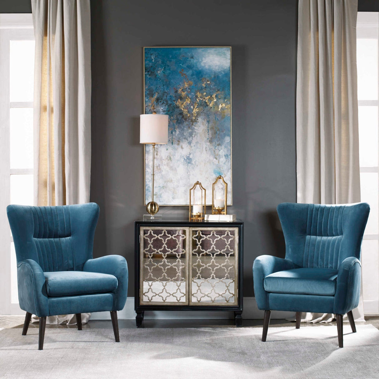 Blue Velvet Tufted Accent Chair by Uttermost Dax, alternate view 2