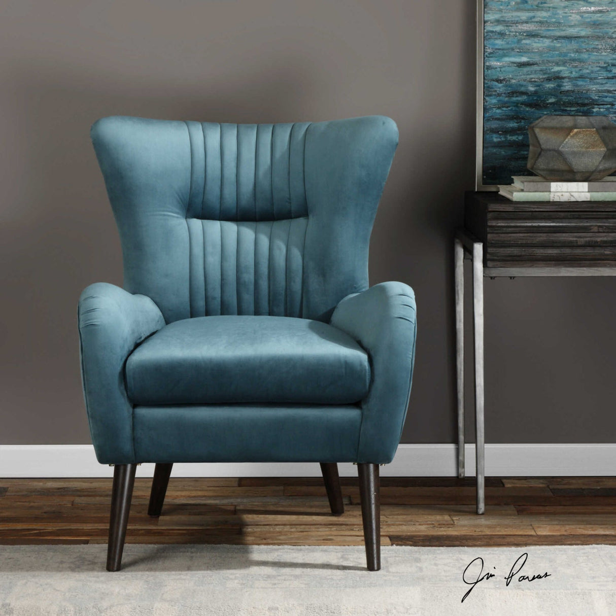 Blue Velvet Tufted Accent Chair by Uttermost Dax, alternate view 5