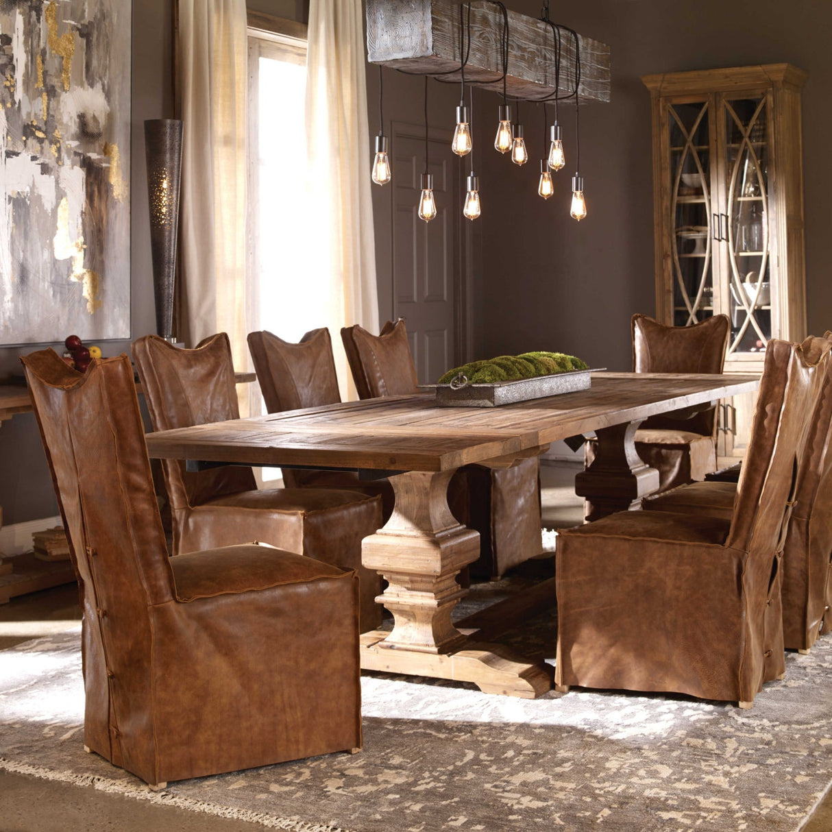 Modern European furniture - Brown Leather Slipcover Dining Chairs (2) - www.oroa.com