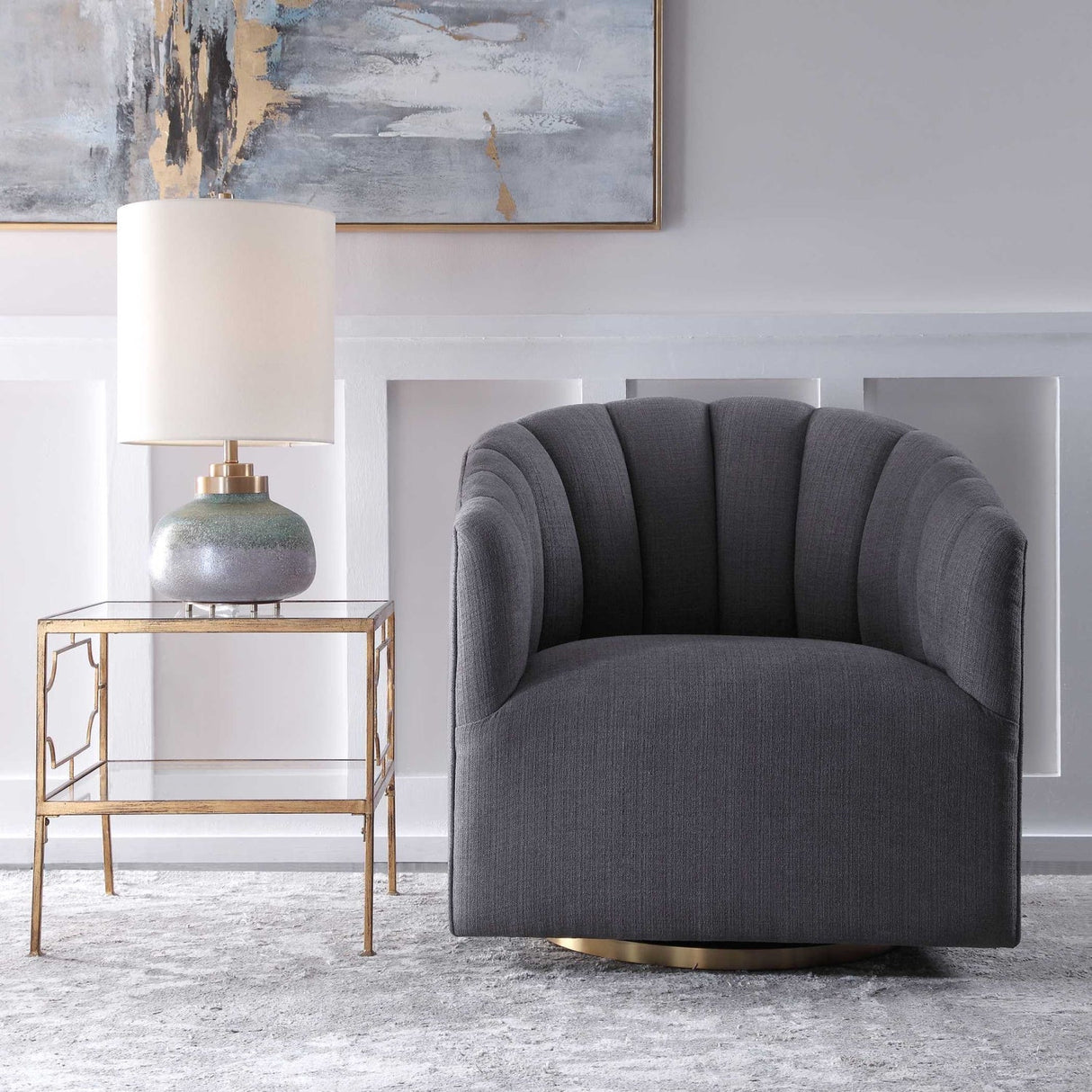 Gray Channel-Tufted Swivel Chair by Uttermost Cuthbert, alternate view 2