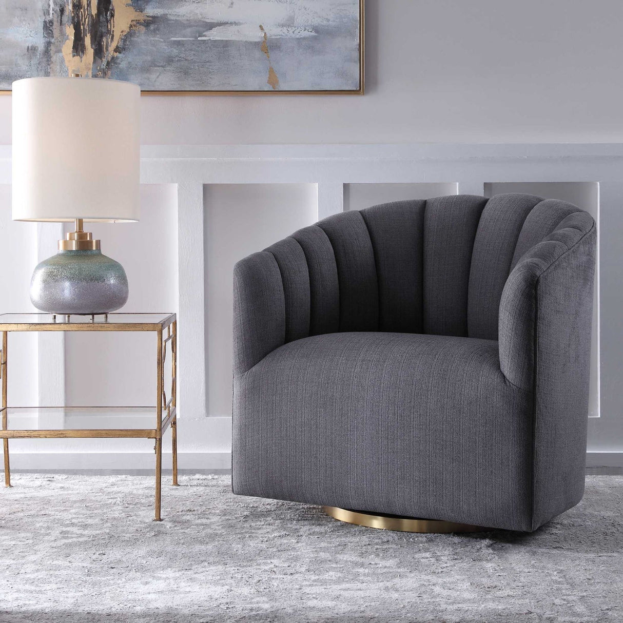 Gray Channel-Tufted Swivel Chair by Uttermost Cuthbert, alternate view 8