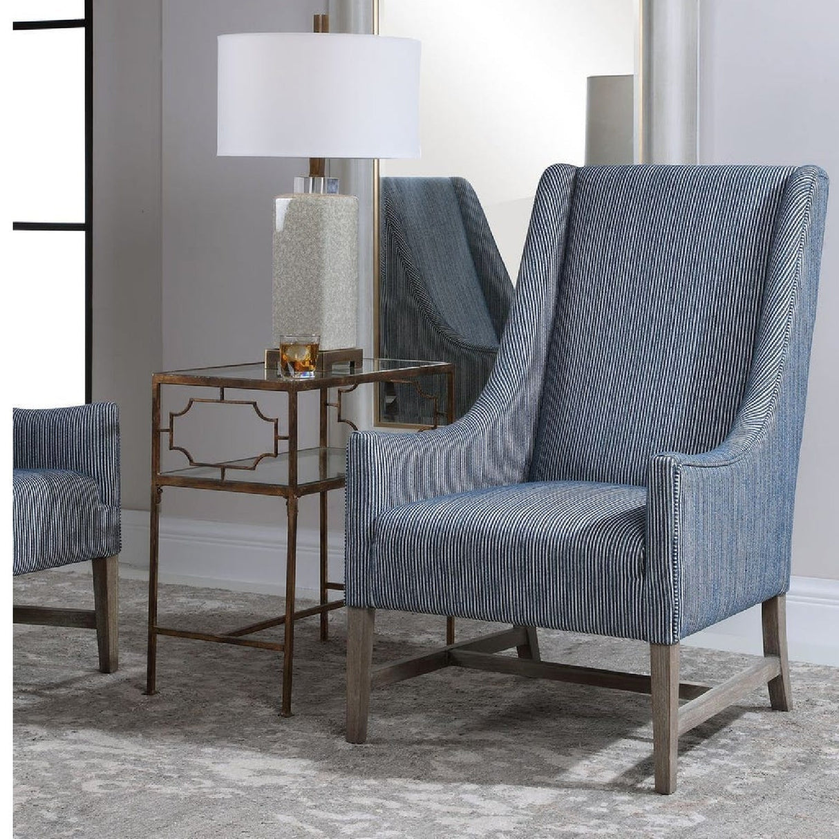 Blue Stripes High-Back Accent Chair by Uttermost Galiot, alternate view 2