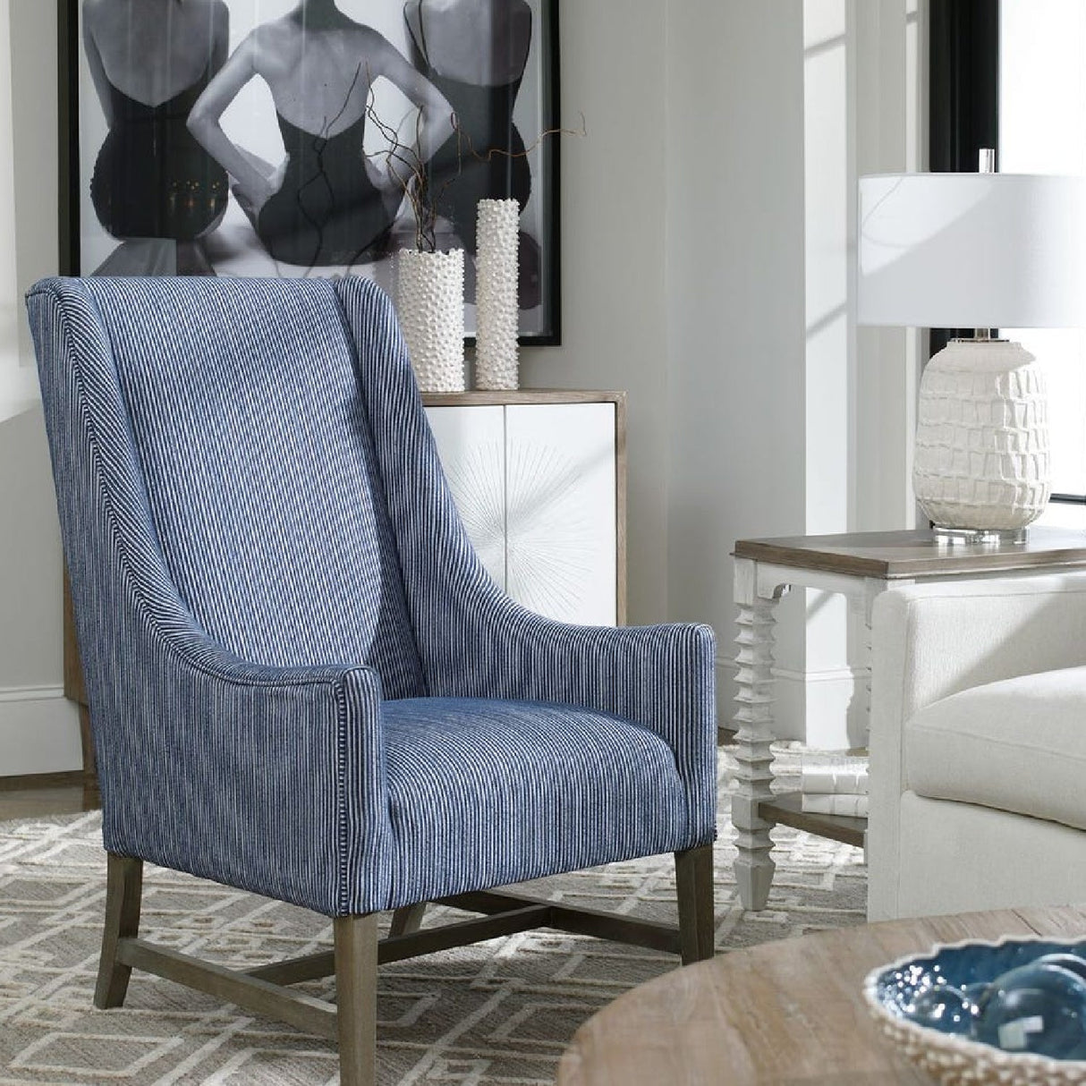 Blue Stripes High-Back Accent Chair by Uttermost Galiot, alternate view 6