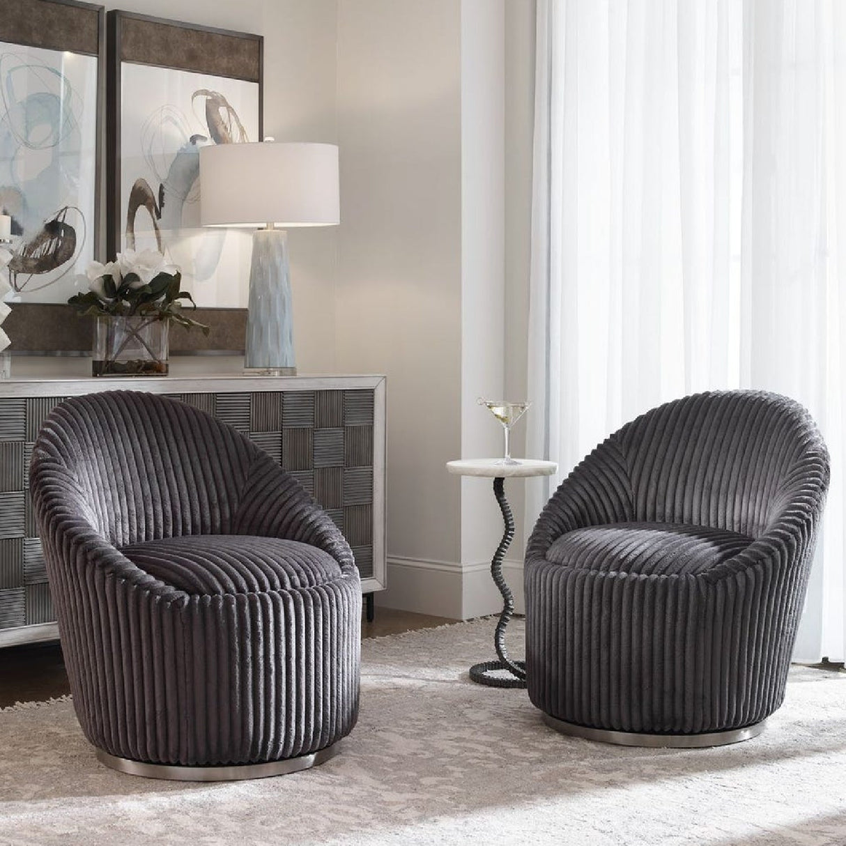 Modern European furniture - Fluted Chenille Swivel Chair - www.oroa.com