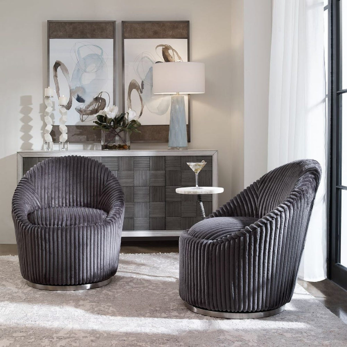 Modern European furniture - Fluted Chenille Swivel Chair - www.oroa.com