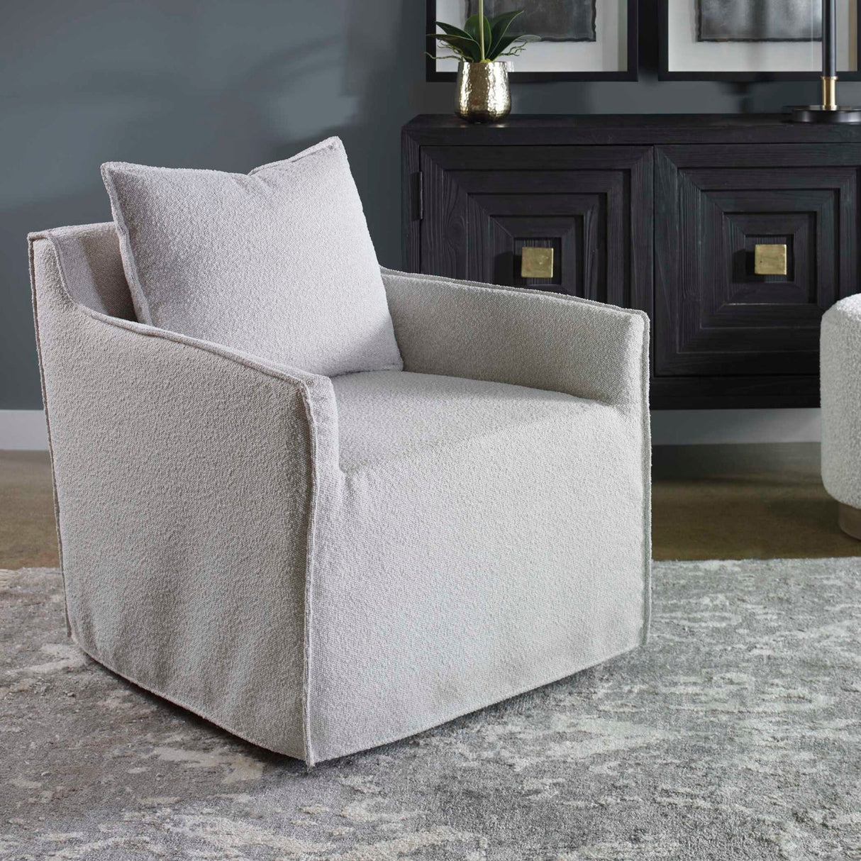 Gray Boucle Slipcover Swivel Chair by Uttermost Welland, alternate view 2